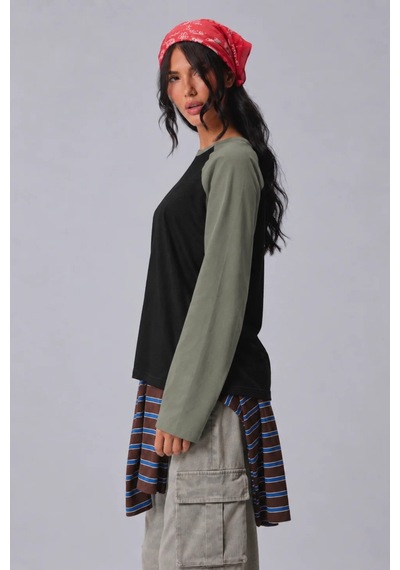 Cool Tarz Kadın Oversize Kontrast Kollu Raglan Bisiklet Yaka Düşük Omuzlu T-shirt Siyah-haki Siyah-haki Cool Tarz Kadın Oversize Kontrast Kollu Raglan Bisiklet Yaka Düşük Omuzlu T-shirt Siyah-haki Siyah-haki