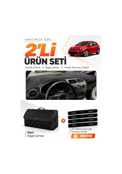 Seat Leon 2005-2012 Uyumlu Torpido Örtüsü + Deri Bagaj Çantası + Sticker Seti - Siyah