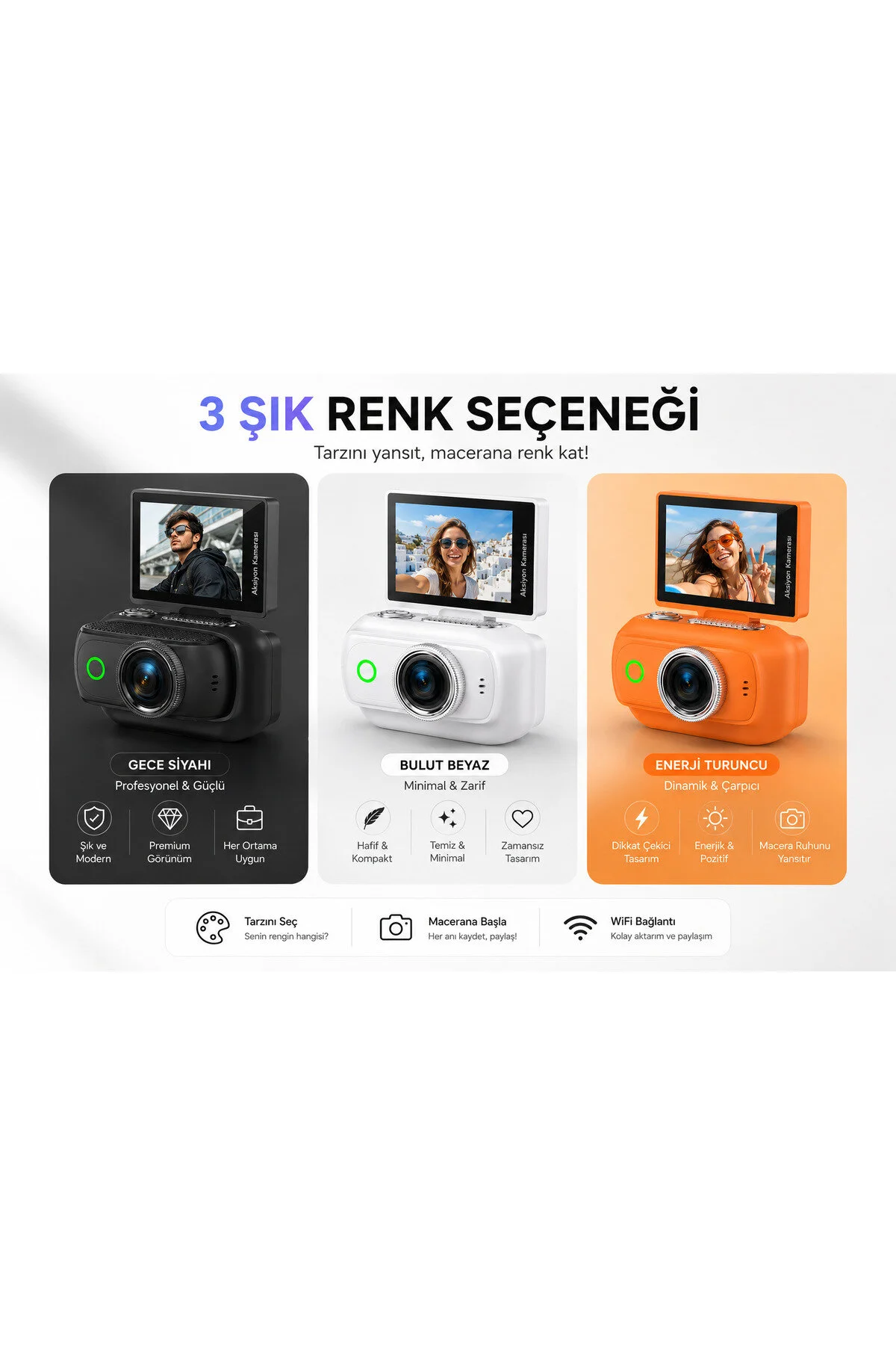 Viora 4k Aksiyon Kamerası Mini 180 Döner Ekran Wifi App Geniş Açı Taşınabilir Vlog Kamera Siyah