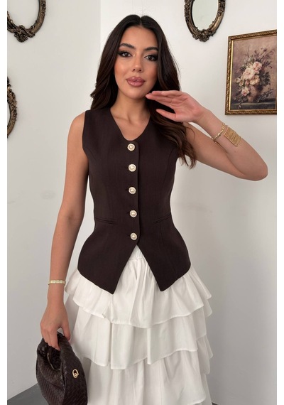 Alemdarshop Kahverengi Belden Oturtmalı Fleto Detaylı Yelek
