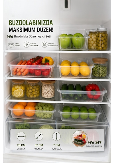 Porsima 4477 4'lü Şeffaf Buzdolabı Ve Dolap İçi Düzenleyici Organizer Seti 4 Lt 20x32x7 Cm