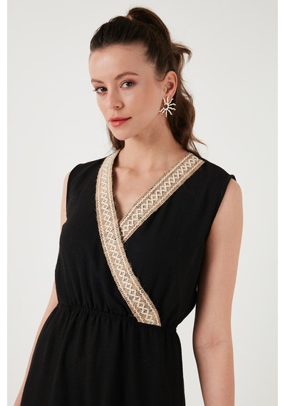 Lela Regular Fit Kruvaze Yaka Midi Bayan Elbise 6118103 Siyah