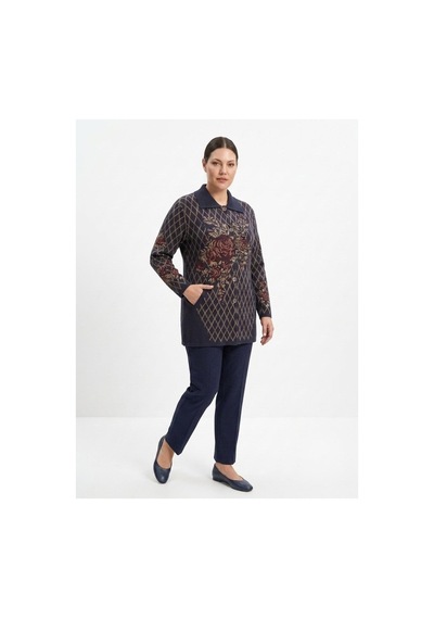 Onno Style Women Ekose Gül Pike Desenli Çelik Örgü Kadın Triko Kaban Lacivert