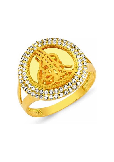 Gümüş Gold Yuvarlak Tuğralı Kadın Yüzük Gold