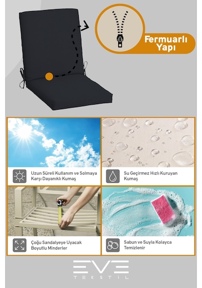 Eve Tekstil Bahçe - Salon - Balkon Arkalıklı Fermuarlı Bağlanabilir Yıkanabilir Sandalye Minderi 8 Adet Siyah
