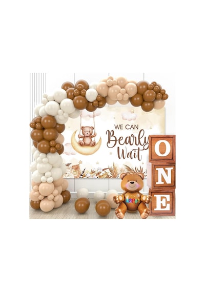 Oyuncak Ayı Temalı 1 Yaş Doğum Günü Seti Ahşap Görünümlü One Kutu Ve Retro Balon Zincir Set
