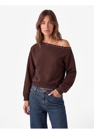 Koton Uzun Kollu Zımba Detaylı Asimetrik Kayık Yaka Omzu Açık Sweatshirt Kahverengi 7wak10064ek Kahve