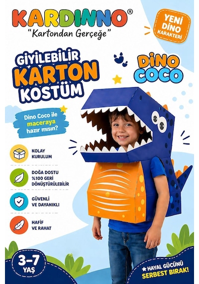Kardinno Dino Coco Eğitici Oyuncak Karton Giyilebilir Çocuk Kostümü Etkinlik Parti Kostümü Mavi