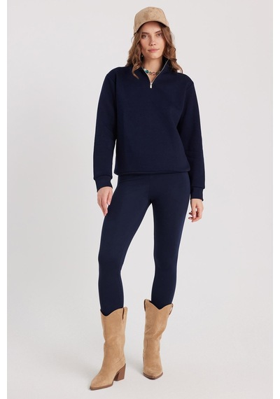 Tudors Kadın Relax Fit Rahat Kesim Pamuklu İçi Polarlı Yarım Fermuarlı Lacivert Dik Yaka Sweatshirt-37891 Lacivert