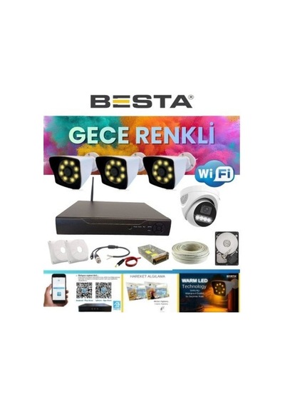 3 Dış 1 Iç 4 Kameralı Gece Renkli Wıfı Ozellikli 3 Tb Hdd Dahil Güvenlik Kamera Seti