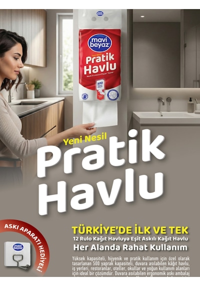 Mavi Beyaz Pratik Havlu 500 Yaprak - Yeni Nesil Çok Amaçlı Kağıt Havlu Asma Aparatı Hediyeli