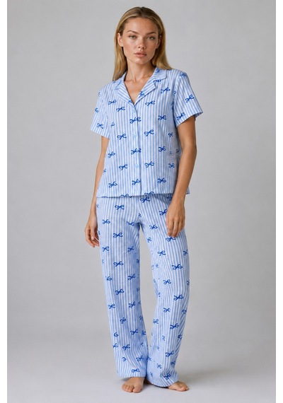 Mavi Kurdele Desenli Çizgili Bürümcük Pijama Takımı 4645-mavi