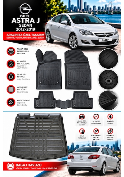 Opel Astra J Sedan 2013 Model Havuzlu Paspas Takımı + Bagaj Havuzu -modx-