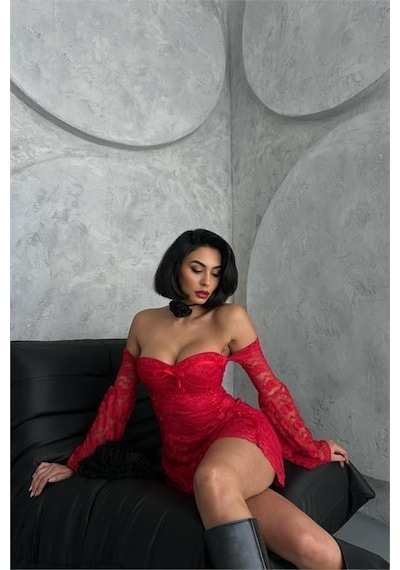 Dip Moda Kadın Kırmızı Glop Detaylı Dantel Mini Elbise Dpnbdf105 Kırmızı