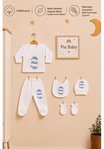 Pia Baby İsme Özel Erkek Bebek %100 Pamuk Zıbın Şapka Önlük Eldivenli Set 2044z3x Krem