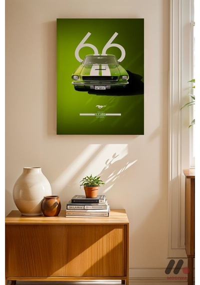Ford Mustang 1966 Yeşil Poster, Çerçevesiz Yüksek Kalite Duvar Afişi - Oto Severlere Özel Hediye