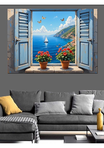 Deniz Manzaralı Açık Pencere Dekoratif Kanvas - Mdf Ahşap Tablo