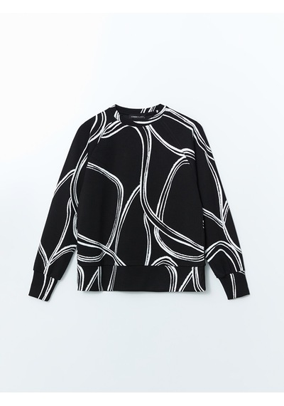 Lcwaıkıkı Classic Siyah Bisiklet Yaka Desenli Oversize Kadın Sweatshirt