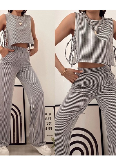 Hgfashion Siyah Çizgili Yandan Bağlamalı Sıfır Kol Crop Pantolon Kadın Alt-üst Takımı Siyah Beyaz
