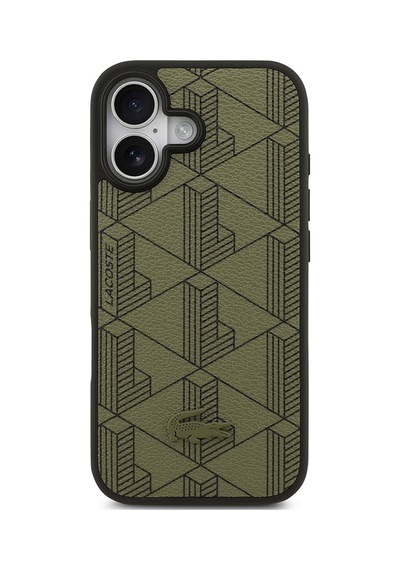 Apple Uyumlu iPhone 17 Kılıf Lacoste Lisanslı M-safeli Pu Deri Tasarımlı Kartlıklı Karışık Monogram Kapak Yeşil Yeşil