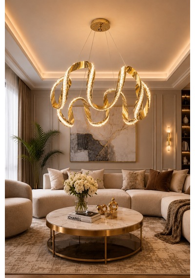 Pandıra Lüks Cristalya Serisi Premium Kalın Çizgili Kasalı Orjinal Krom Kaplamalı 3 Renk Ledli Sarkıt Ledli Avize Modern Led Avize -çap 50 Cm Gold Gold
