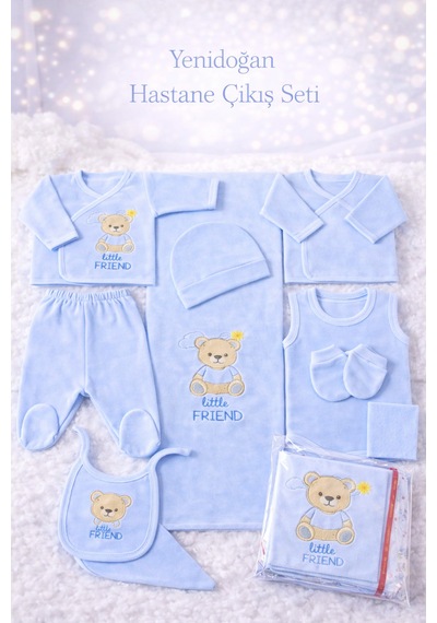 Petino Little Friend 10 Parça Yenidoğan Erkek Bebek Hastane Çıkış Seti %100 Pamuk Mavi Ayıcıklı Battaniyeli Premium Set Bebe Mavisi