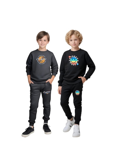Fyk Kids 2'li Erkek Çocuk Yuvarlak Yaka Baskı Detaylı Eşofman Takımı Füme - Siyah