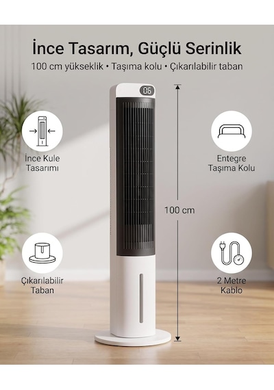 70w Buz Akülü Kule Tipi Vantilatör / Uzaktan Kumandalı / 3l Su Hazneli / 24 Saat Zaman Ayarlı Fan