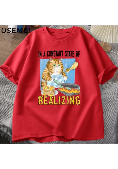 Flood Of Style Kedi Gerçekleştirerek Sabit Bir Devlet T Shirt Erkekler Kadınlar Komik Kedi Pişirme T-shirt K Kırmızı