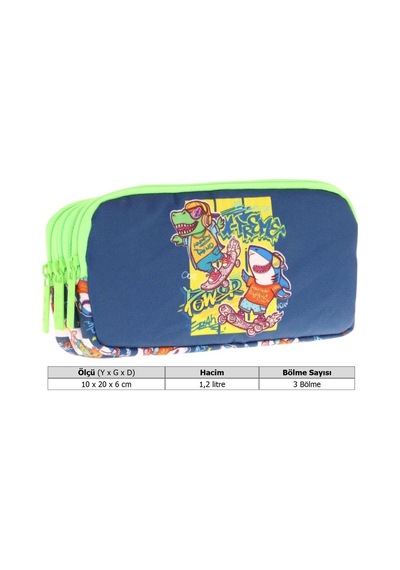 Kaukko Kids Lacivert Yeşil, Dinazor Temalı, Erkek Çocuk Üç Bölmeli Okul Kalem Çantası - L8256 Lacivert - Yeşil
