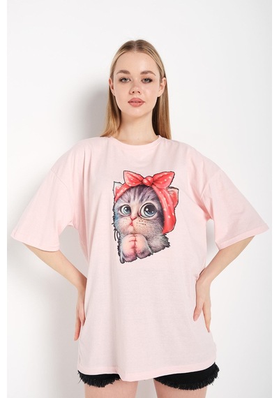 Flood Of Style Kadın Pudra Pembe Kedi Baskılı Oversize Tişört