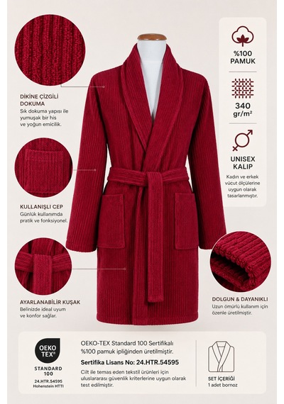Bordo Çizgili Bornoz %100 Sertifikalı Pamuk Şal Yaka Unisex Banyo Bornoz / Sabahlık 340 Gr/m2 Bordo Renk