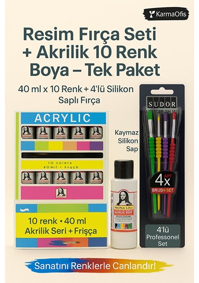 Silikon Saplı 4 Lü Fırça Seti + Akrilik Boya 10 Renk X 40 Ml Re