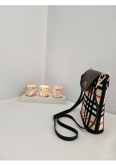 Burberry Desen, Kanvas İşleme, Handmade Renkli, Kadın Mini Çanta Siyah