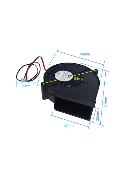 A92hh12 Dc 12v 0.5a 6w 2p Salyangoz Fan 12v 97x94x33mm 30cm Kablolu