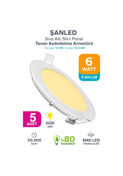 Şanled 6w Tasarruflu Led Yuvarlak Gün Işığıı Sıva Altı Slim Panel 5 Adettir Gün Işığı