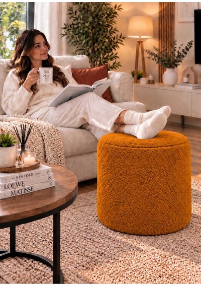 Nuvia Teddy Puf 35x36 Cm Yumuşak Dokulu Kumaş Kaymaz Tabanlı Dekoratif Makyaj Ve Oturma Pufu Turuncu Turuncu