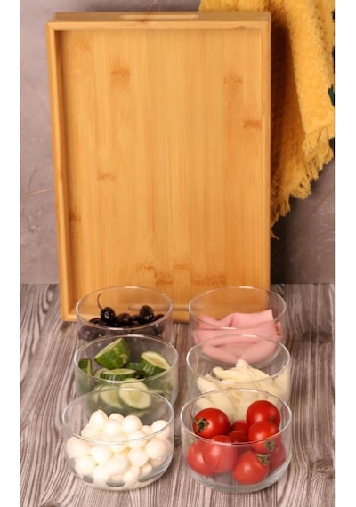 Duo 300 Ml Silikonlu Bambu Kapaklı Cam Kahvaltılık Lüx Kahvaltılık Sunum Seti Kahverengi