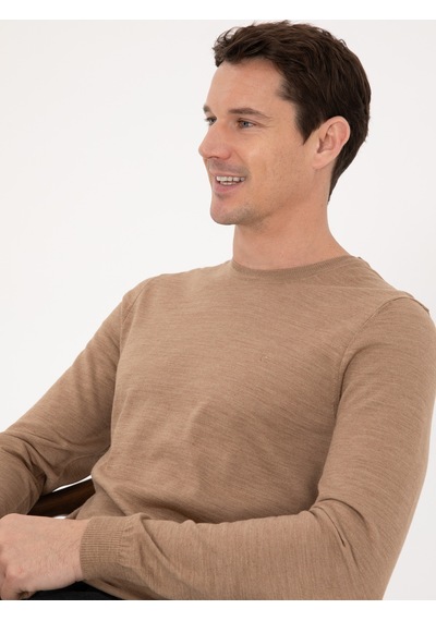 Cacharel Camel Slim Fit Yün Karışımlı Bisiklet Yaka Basic Triko Kazak Kahverengi