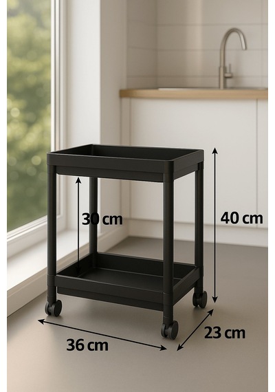 Flex Elite Pro 2 Katlı Siyah Tekerlekli Çok Amaçlı Banyo & Mutfak Düzenleyici Raf Evye Altı Deterjanlık Siyah