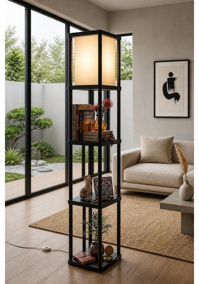 Dekoratif Raflı Lambader Siyah, 135 Cm Modern Sehpalı Lambader, E27 Duy Uyumlu, 23x23 Cm Raflı Diğer