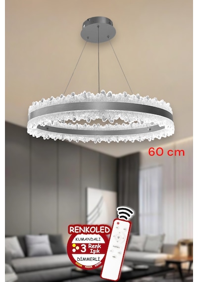 3 Renk Işıklı Kumandalı Modern Sarkıt Led Avize Salon ,oda ,mutfak ,hol 60 Cm Antrasit Gümüş