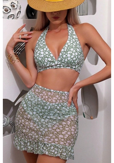 Bella Notte 3 Parça Yeşil Papatya Desenli Pareolu Bikini Takım Çok Renkli
