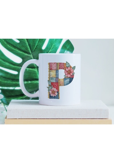 P Harfli Retro Çiçekli Kupa Bardak - Patchwork Tarz Yamalı Desenli İsme Özel Kupa - Hediye 07 Beyaz
