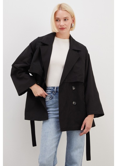 Fullamoda Pelerinli Kuşaklı Geniş Kol Oversize Trençkot Siyah