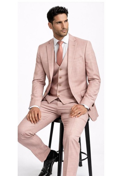 Fabio Cassel Slim Fit Mono Yaka Çift Yırtmaçlı Astarlı Takım Elbise Yelekli Pudra