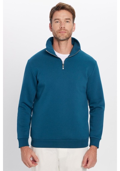 Tudors Unisex Relax Fit Rahat Kesim Pamuklu İçi Polarlı Yarım Fermuarlı İndigo Dik Yaka Sweatshirt-31449 Indıgo İndigo