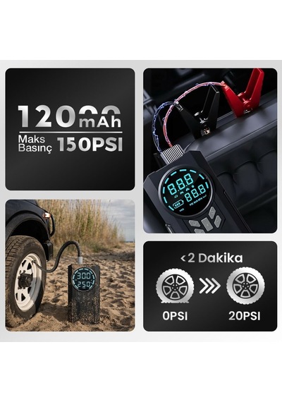 Yek Outdoor Akıllı Dijital Ekranlı Araç Lastik Şişirici Ve Akü Takviye Cihazı 150 Psı 12.000 Mah