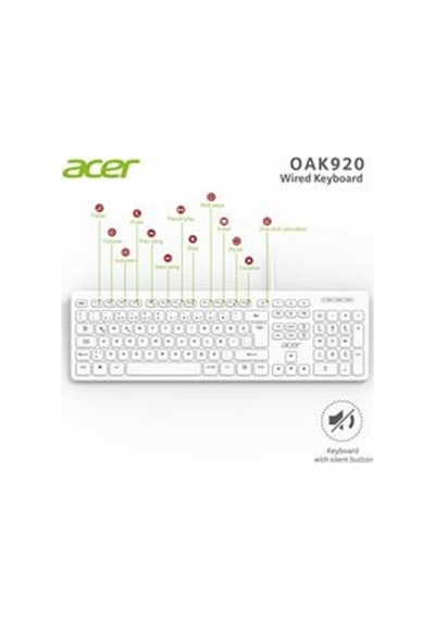 Acer Oak920 Q Usb Beyaz 1.8mt Kablolu Klavye-tek Tuş Hesap Makinalı Sessiz Tuş