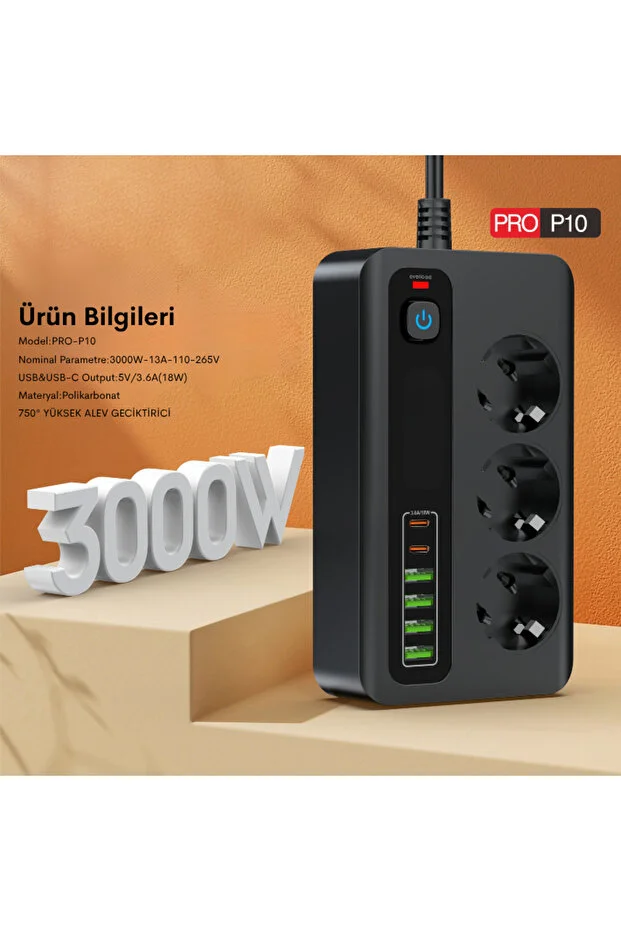 Pro P10 3x Priz 3000w Akım Korumalı 4x Usb 2x Type-c Girişli Çoklu Priz Siyah 2